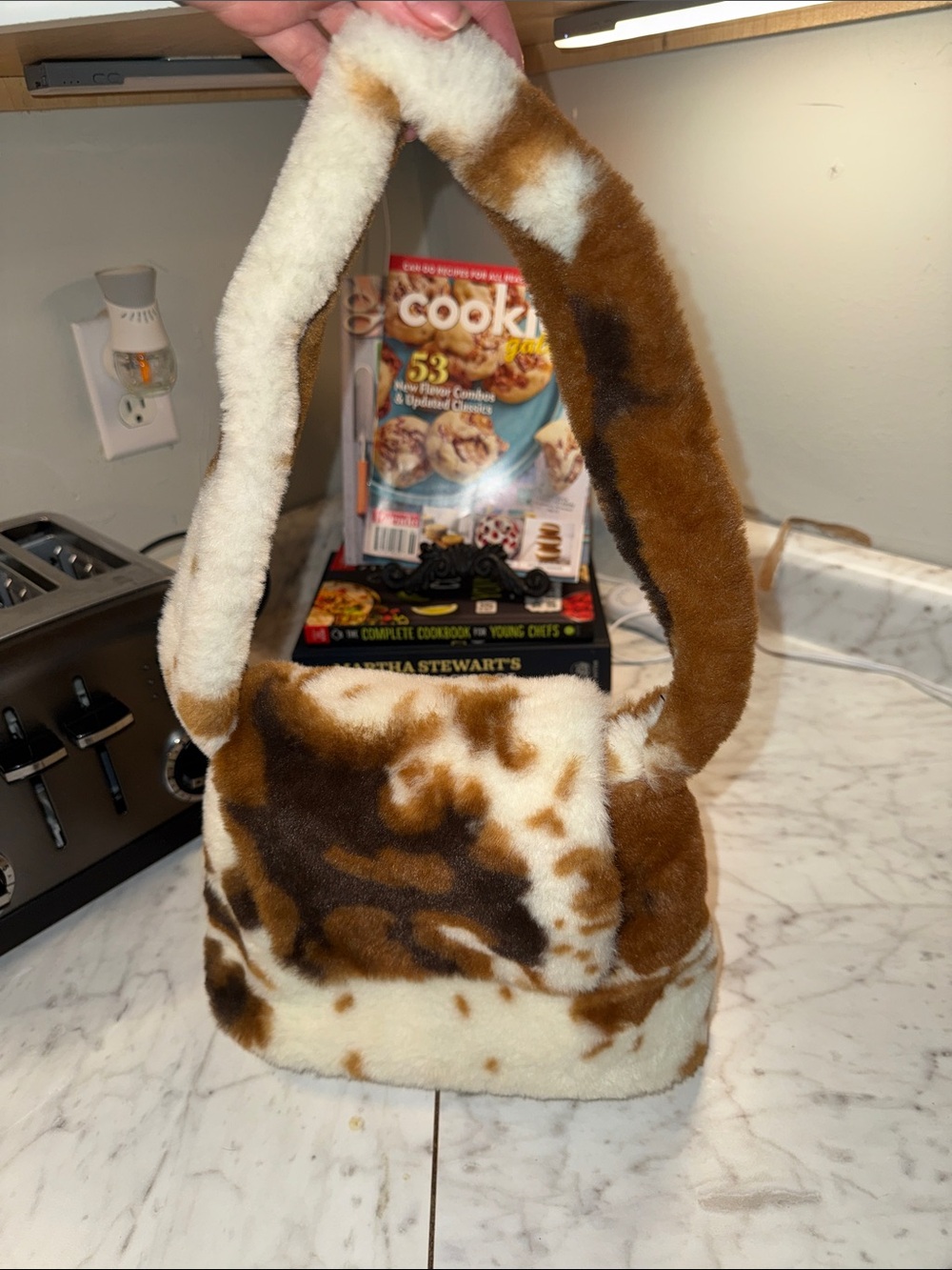 Plush Cow-Print Shoulder Bag in Brown & White magnetic closure
